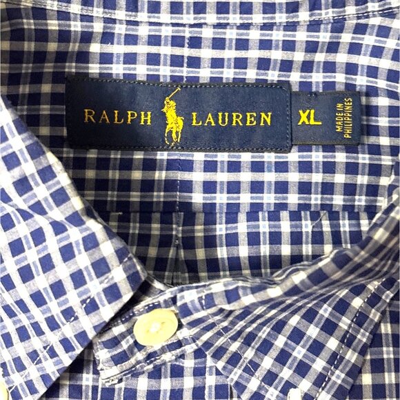 Ralph Lauren Mens Blue Gingham Check Button-Down Shirt XL Cotton Classic Fit - Picture 4 of 6